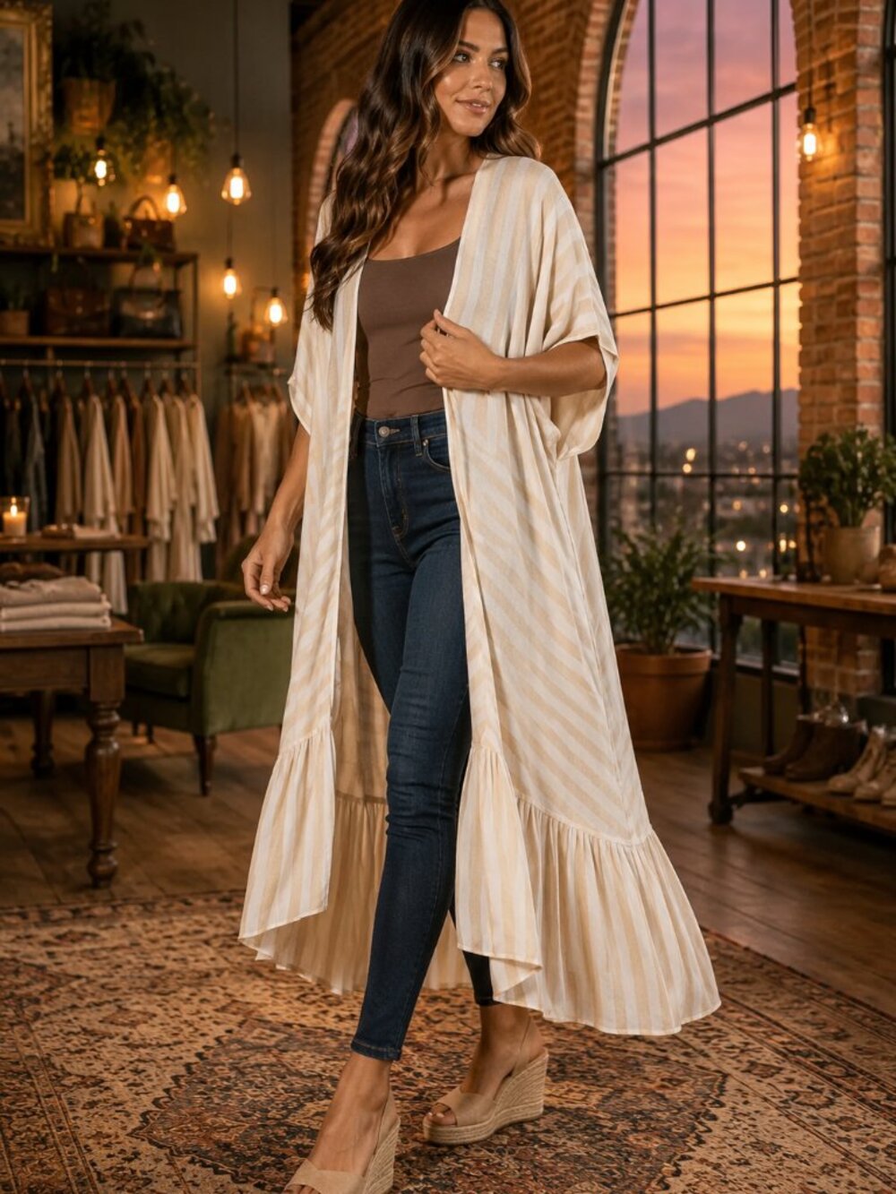 Beige Ivory Stripe Kimono Lightweight Layer Ruffled Hem
